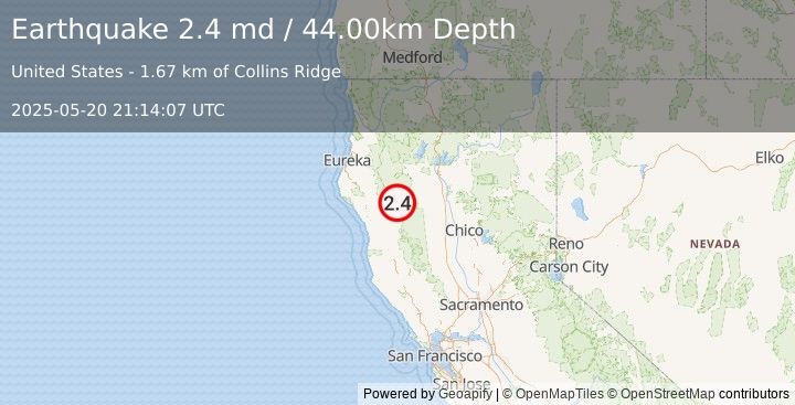 Earthquake NORTHERN CALIFORNIA (2.4 md) (2025-05-20 21:14:07 UTC)