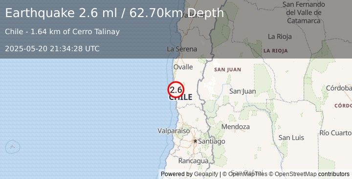 Earthquake COQUIMBO, CHILE (2.6 ml) (2025-05-20 21:34:28 UTC)