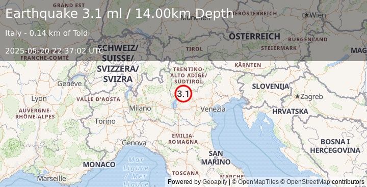 Earthquake NORTHERN ITALY (3.1 ml) (2025-05-20 22:37:02 UTC)