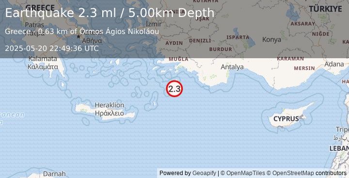 Earthquake EASTERN MEDITERRANEAN SEA (2.1 ml) (2025-05-20 22:49:35 UTC)