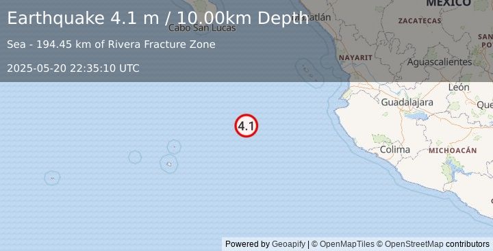 Earthquake REVILLA GIGEDO ISLANDS REGION (4.1 m) (2025-05-20 22:35:10 UTC)