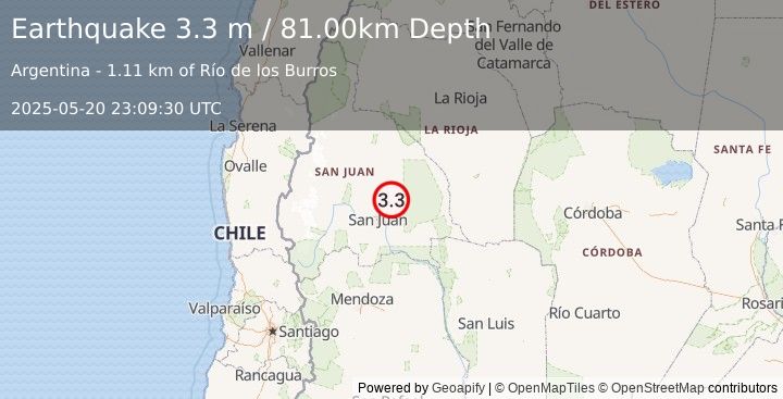 Earthquake SAN JUAN, ARGENTINA (3.3 m) (2025-05-20 23:09:30 UTC)