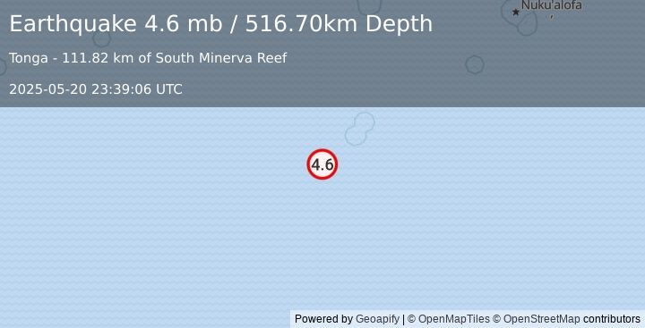 Earthquake SOUTH OF FIJI ISLANDS (4.6 mb) (2025-05-20 23:39:06 UTC)