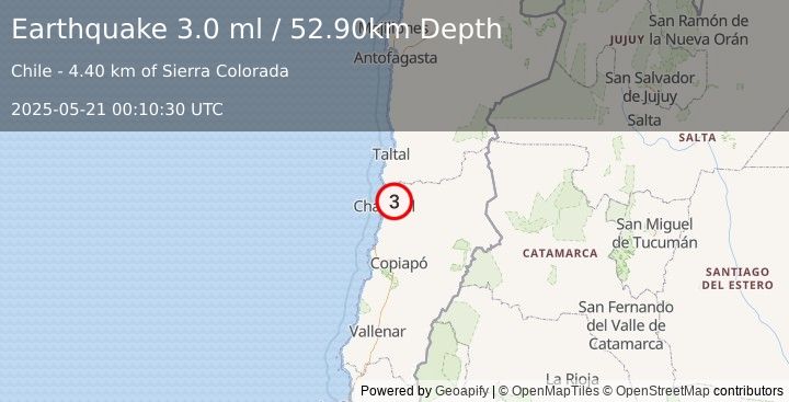 Earthquake ATACAMA, CHILE (3.0 ml) (2025-05-21 00:10:30 UTC)