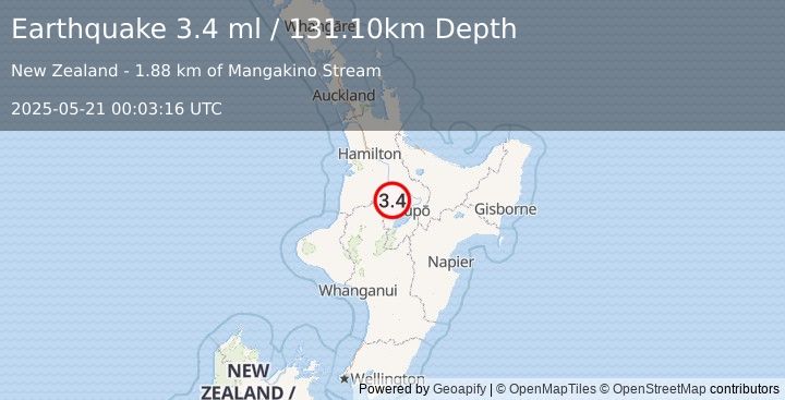 Earthquake NORTH ISLAND OF NEW ZEALAND (3.4 ml) (2025-05-21 00:03:16 UTC)