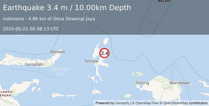 Earthquake HALMAHERA, INDONESIA (3.4 m) (2025-05-21 00:38:13 UTC)