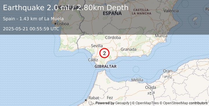 Earthquake STRAIT OF GIBRALTAR (2.0 ml) (2025-05-21 00:55:59 UTC)