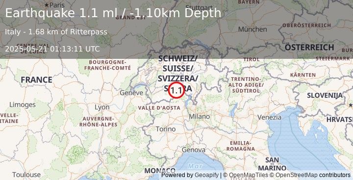 Earthquake NORTHERN ITALY (1.1 ml) (2025-05-21 01:13:11 UTC)