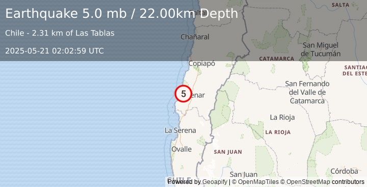 Earthquake OFFSHORE ATACAMA, CHILE (4.8 m) (2025-05-21 02:02:56 UTC)