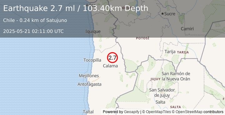 Earthquake ANTOFAGASTA, CHILE (2.7 ml) (2025-05-21 02:11:00 UTC)