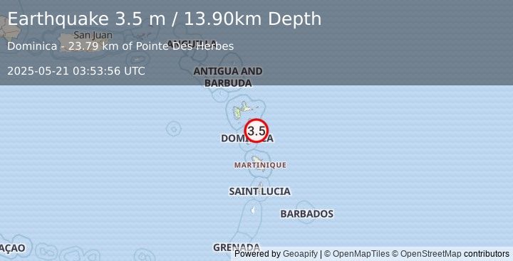 Earthquake DOMINICA REGION, LEEWARD ISLANDS (3.5 m) (2025-05-21 03:53:56 UTC)