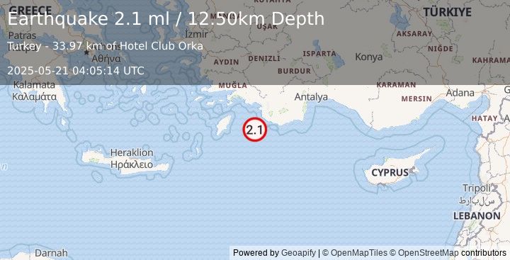 Earthquake DODECANESE IS.-TURKEY BORDER REG (2.1 ml) (2025-05-21 04:05:14 UTC)
