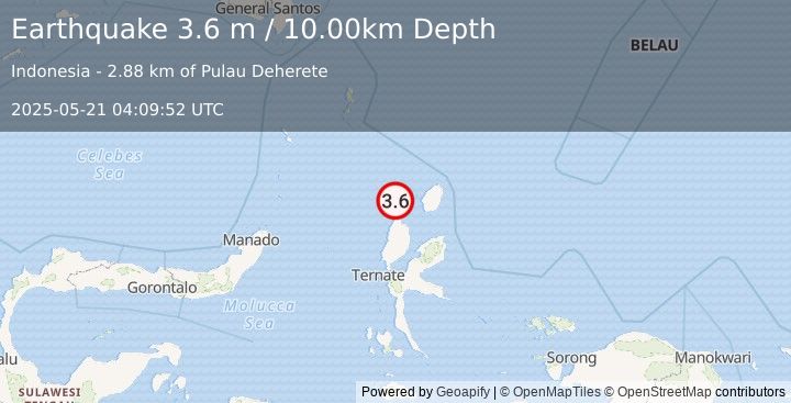 Earthquake MOLUCCA SEA (3.6 m) (2025-05-21 04:09:52 UTC)