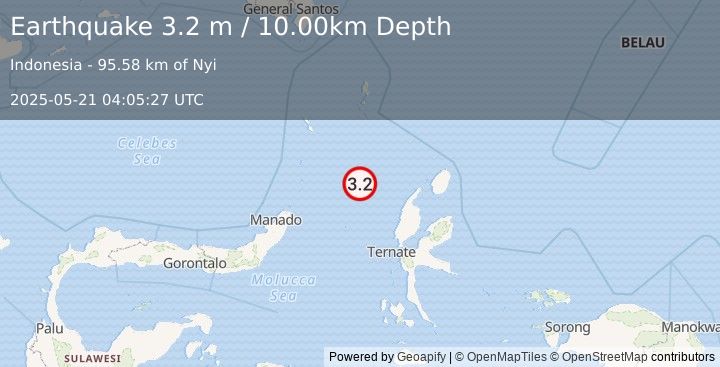 Earthquake MOLUCCA SEA (3.2 m) (2025-05-21 04:05:27 UTC)