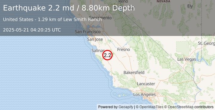 Earthquake CENTRAL CALIFORNIA (2.2 md) (2025-05-21 04:20:25 UTC)