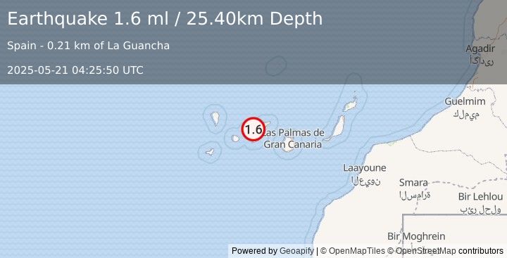 Earthquake CANARY ISLANDS, SPAIN REGION (1.6 ml) (2025-05-21 04:25:50 UTC)