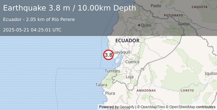 Earthquake NEAR COAST OF ECUADOR (3.8 m) (2025-05-21 04:25:01 UTC)