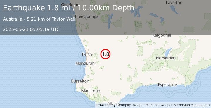 Earthquake WESTERN AUSTRALIA (1.8 ml) (2025-05-21 05:05:19 UTC)