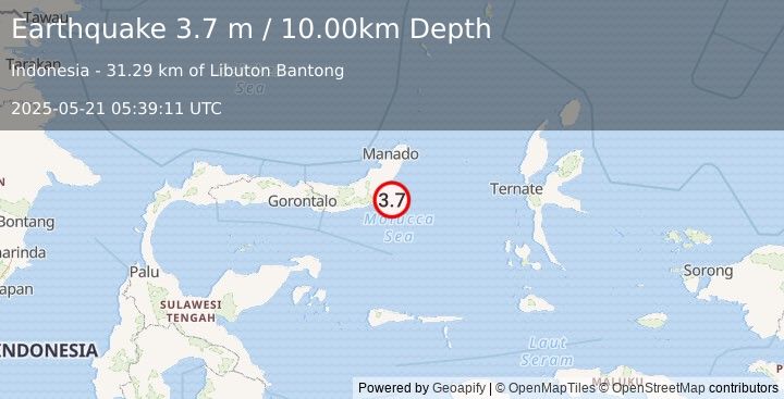 Earthquake MINAHASA, SULAWESI, INDONESIA (3.7 m) (2025-05-21 05:39:11 UTC)