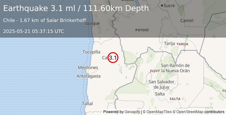 Earthquake ANTOFAGASTA, CHILE (3.1 ml) (2025-05-21 05:37:15 UTC)