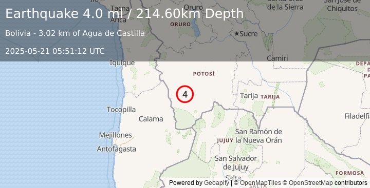 Earthquake POTOSI, BOLIVIA (4.0 ml) (2025-05-21 05:51:12 UTC)