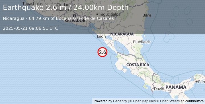 Earthquake NEAR COAST OF NICARAGUA (2.6 m) (2025-05-21 09:06:51 UTC)