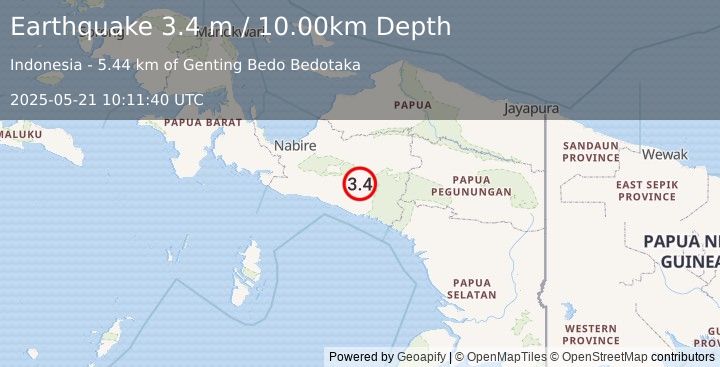 Earthquake NEAR S COAST OF PAPUA, INDONESIA (3.4 m) (2025-05-21 10:11:40 UTC)