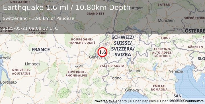 Earthquake SWITZERLAND (1.6 ml) (2025-05-21 09:08:17 UTC)