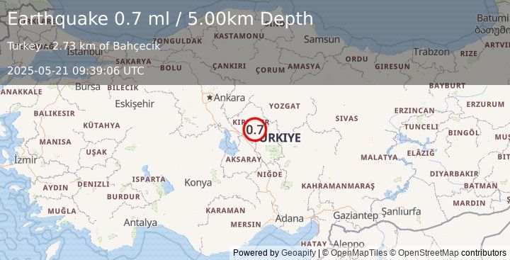 Earthquake CENTRAL TURKEY (0.7 ml) (2025-05-21 09:39:06 UTC)