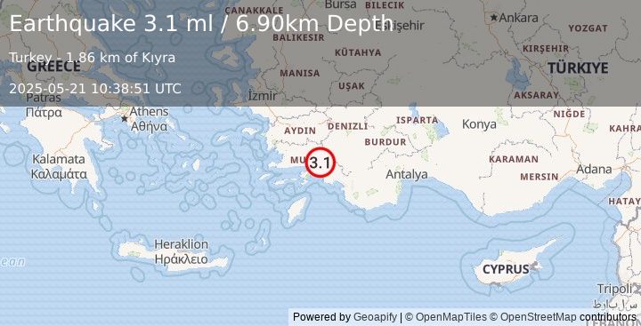Earthquake WESTERN TURKEY (3.1 ml) (2025-05-21 10:38:50 UTC)