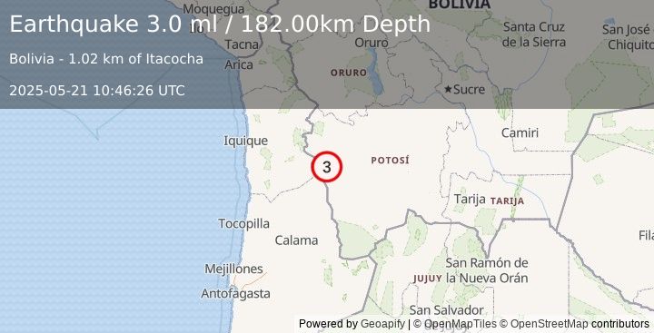 Earthquake POTOSI, BOLIVIA (3.0 ml) (2025-05-21 10:46:26 UTC)