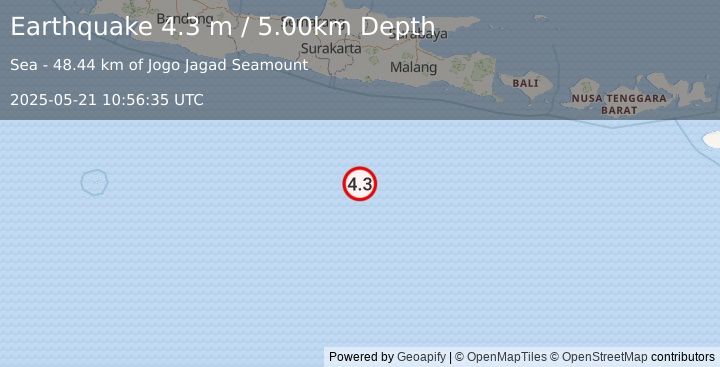 Earthquake SOUTH OF JAVA, INDONESIA (4.3 m) (2025-05-21 10:56:35 UTC)