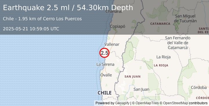 Earthquake COQUIMBO, CHILE (2.5 ml) (2025-05-21 10:59:05 UTC)