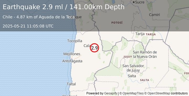 Earthquake ANTOFAGASTA, CHILE (2.9 ml) (2025-05-21 11:05:08 UTC)