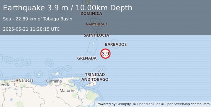 Earthquake BARBADOS REGION, WINDWARD ISL. (3.9 m) (2025-05-21 11:28:15 UTC)
