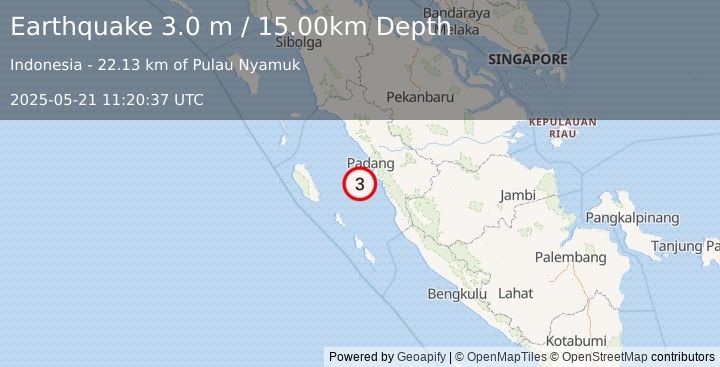 Earthquake SOUTHERN SUMATRA, INDONESIA (3.0 m) (2025-05-21 11:20:37 UTC)
