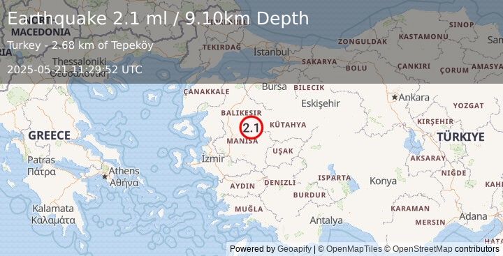 Earthquake WESTERN TURKEY (2.1 ml) (2025-05-21 11:29:52 UTC)