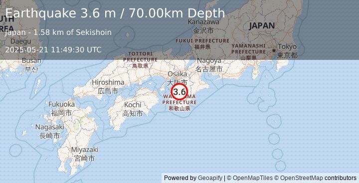 Earthquake NEAR S. COAST OF WESTERN HONSHU (3.6 m) (2025-05-21 11:49:30 UTC)
