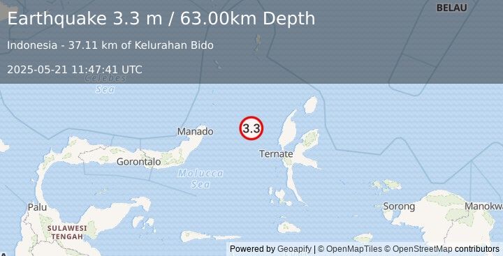 Earthquake MOLUCCA SEA (3.3 m) (2025-05-21 11:47:41 UTC)