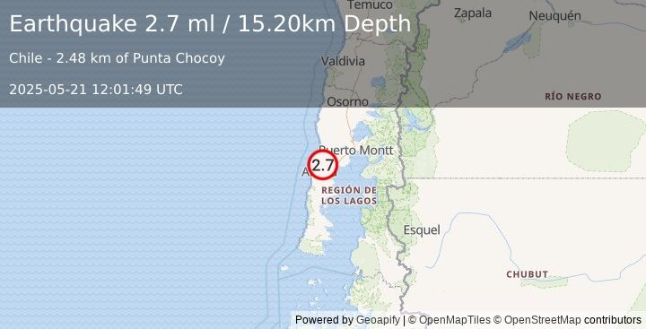 Earthquake LOS LAGOS, CHILE (2.7 ml) (2025-05-21 12:01:49 UTC)