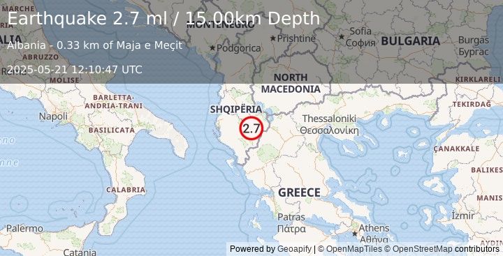 Earthquake ALBANIA (2.7 ml) (2025-05-21 12:10:47 UTC)