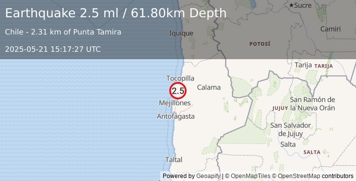 Earthquake OFFSHORE ANTOFAGASTA, CHILE (2.5 ml) (2025-05-21 15:17:27 UTC)