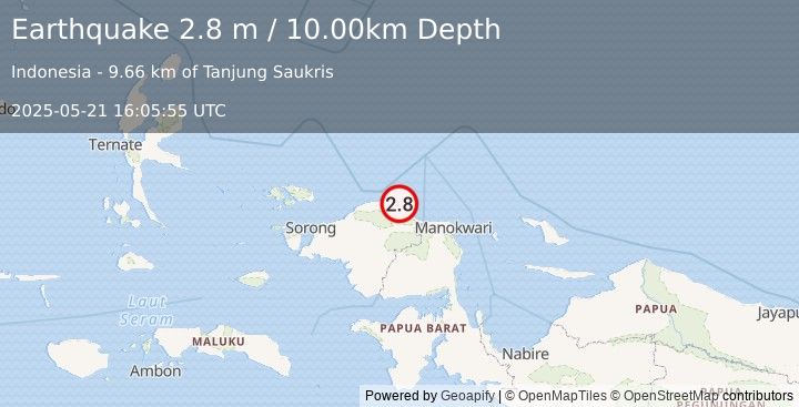 Earthquake NEAR N COAST OF PAPUA, INDONESIA (2.8 m) (2025-05-21 16:05:55 UTC)
