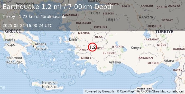 Earthquake WESTERN TURKEY (1.2 ml) (2025-05-21 16:00:24 UTC)