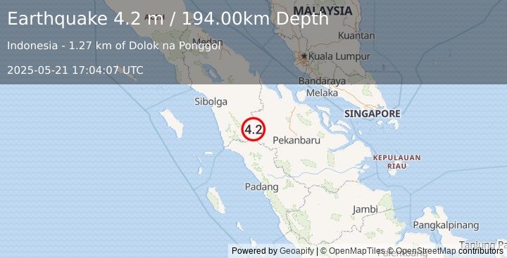 Earthquake NORTHERN SUMATRA, INDONESIA (4.2 m) (2025-05-21 17:04:07 UTC)