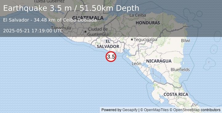 Earthquake OFFSHORE EL SALVADOR (3.5 m) (2025-05-21 17:19:00 UTC)