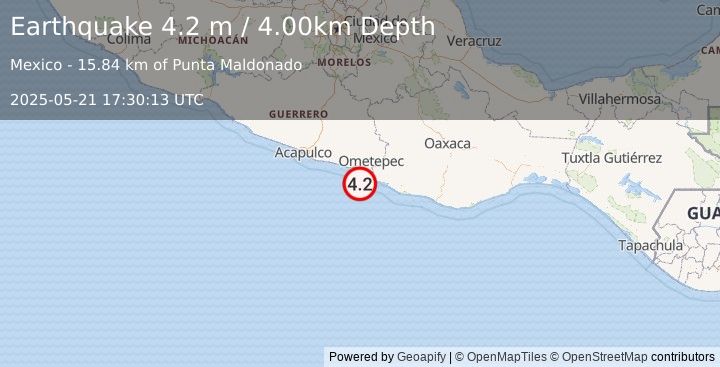 Earthquake OFFSHORE GUERRERO, MEXICO (4.2 m) (2025-05-21 17:30:13 UTC)