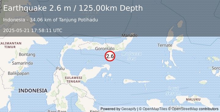 Earthquake MINAHASA, SULAWESI, INDONESIA (2.6 m) (2025-05-21 17:58:11 UTC)