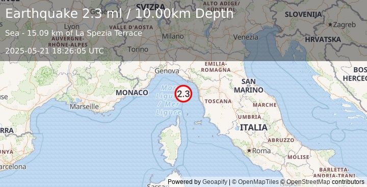 Earthquake LIGURIAN SEA (2.3 ml) (2025-05-21 18:26:05 UTC)