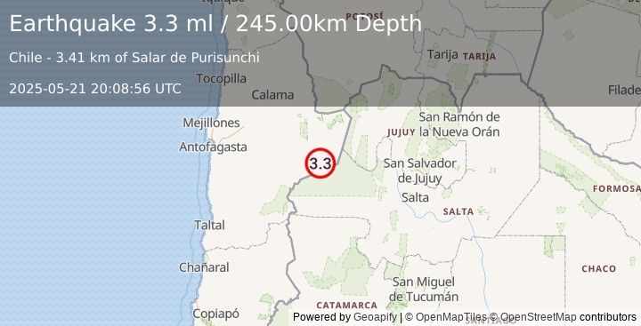 Earthquake ANTOFAGASTA, CHILE (3.3 ml) (2025-05-21 20:08:56 UTC)